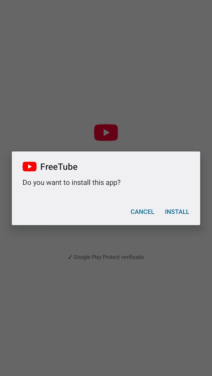 Dialog asking whether to install FreeTube, with Cancel and Install